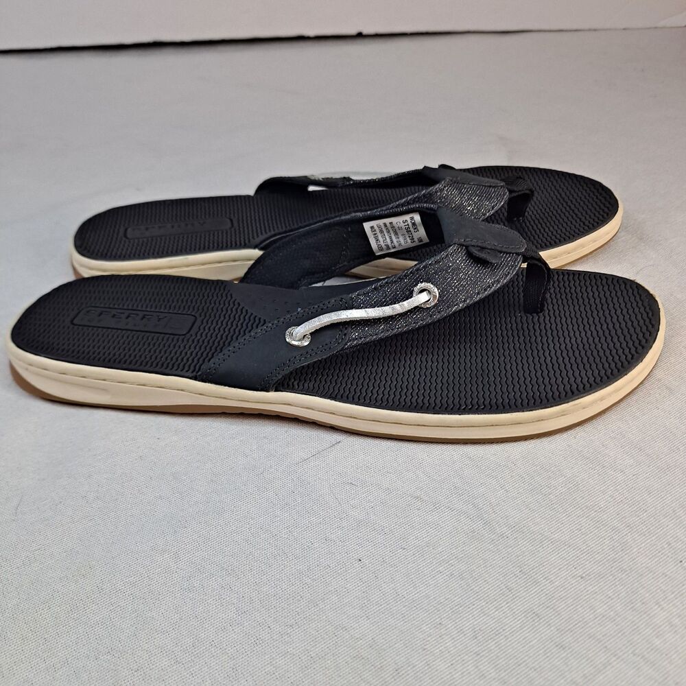 Sperry Seafish Flip Flop STS87295 Womens 10M Black Leather/Fabric Thong Sandals - Picture 4 of 8